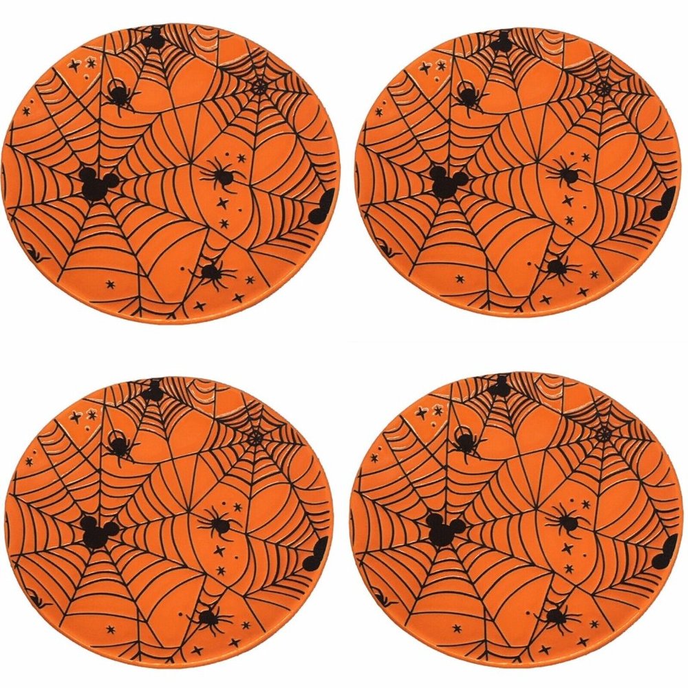 x4 Zrike DISNEY Halloween MICKEY MOUSE Orange Spiderweb Plate Set Appetizer NEW